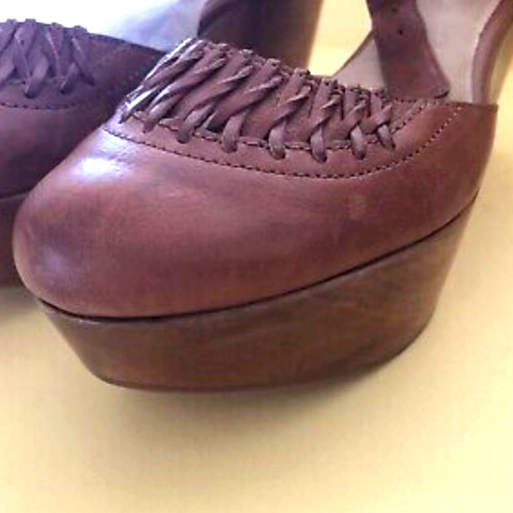 FRYE Blair Ankle Strap Wooden Platform Mary Jane Wedge in Cognac